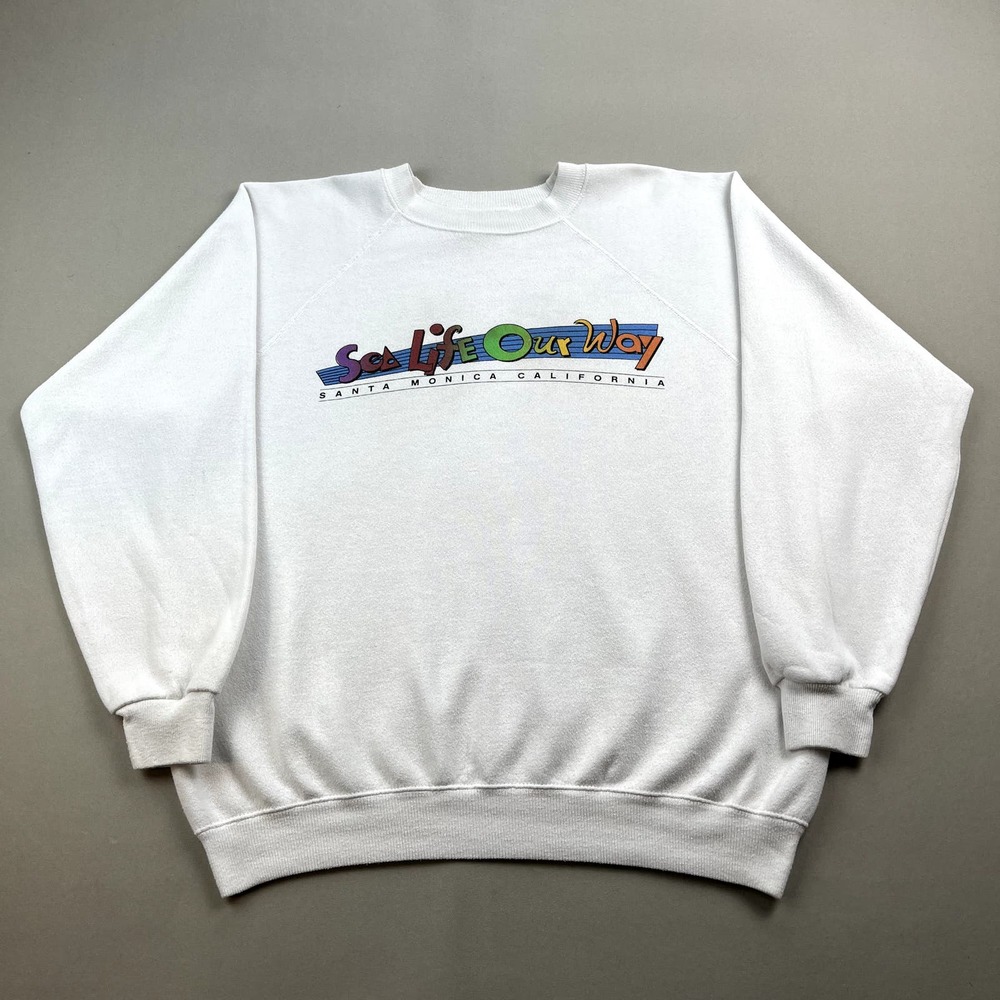 Vintage Beach Sweatshirt Adult Medium White Nature Sea Life Santa Monica USA 90s